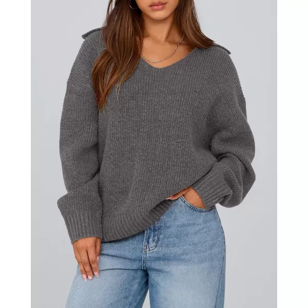 BTFBM Womens 2024 Fall Winter Sweaters Long Sleeve V Neck Lapel Collar Casual Pullover Oversized Knitted Jumper TopsGrey
