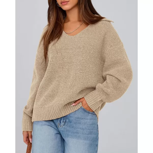 BTFBM Womens 2024 Fall Winter Sweaters Long Sleeve V Neck Lapel Collar Casual Pullover Oversized Knitted Jumper TopsKhaki