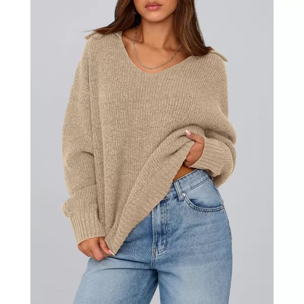 BTFBM Womens 2024 Fall Winter Sweaters Long Sleeve V Neck Lapel Collar Casual Pullover Oversized Knitted Jumper TopsKhaki
