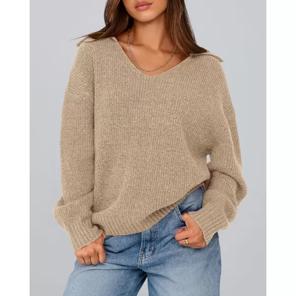 BTFBM Womens 2024 Fall Winter Sweaters Long Sleeve V Neck Lapel Collar Casual Pullover Oversized Knitted Jumper TopsKhaki