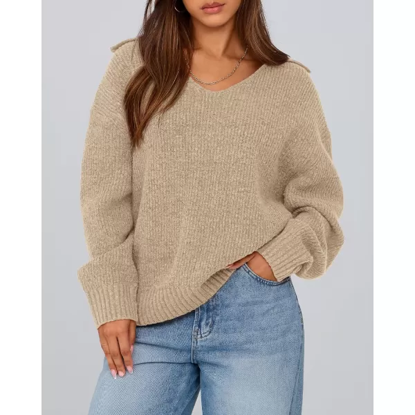 BTFBM Womens 2024 Fall Winter Sweaters Long Sleeve V Neck Lapel Collar Casual Pullover Oversized Knitted Jumper TopsKhaki