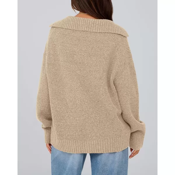 BTFBM Womens 2024 Fall Winter Sweaters Long Sleeve V Neck Lapel Collar Casual Pullover Oversized Knitted Jumper TopsKhaki