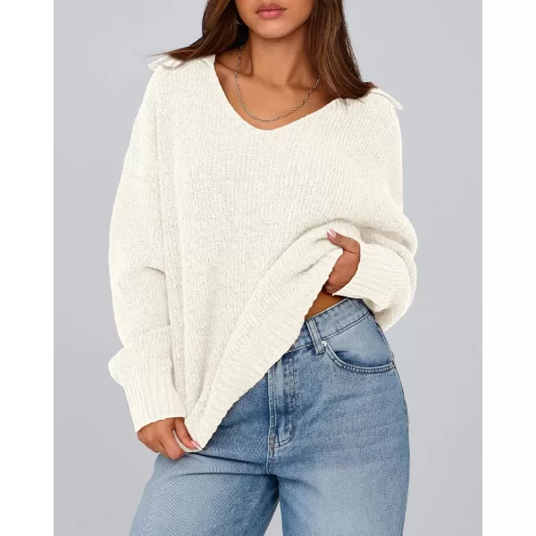 BTFBM Womens 2024 Fall Winter Sweaters Long Sleeve V Neck Lapel Collar Casual Pullover Oversized Knitted Jumper TopsWhite