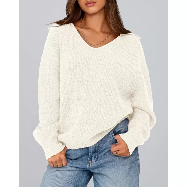 BTFBM Womens 2024 Fall Winter Sweaters Long Sleeve V Neck Lapel Collar Casual Pullover Oversized Knitted Jumper TopsWhite