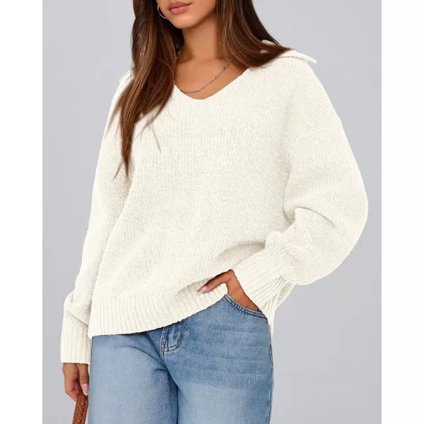 BTFBM Womens 2024 Fall Winter Sweaters Long Sleeve V Neck Lapel Collar Casual Pullover Oversized Knitted Jumper TopsWhite