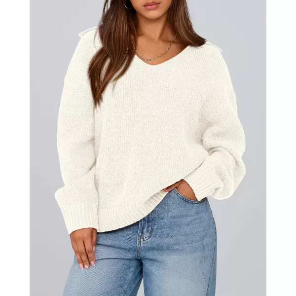 BTFBM Womens 2024 Fall Winter Sweaters Long Sleeve V Neck Lapel Collar Casual Pullover Oversized Knitted Jumper TopsWhite