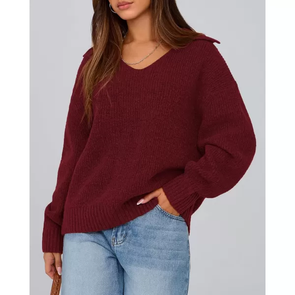 BTFBM Womens 2024 Fall Winter Sweaters Long Sleeve V Neck Lapel Collar Casual Pullover Oversized Knitted Jumper TopsWine Red