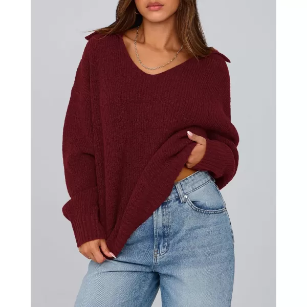 BTFBM Womens 2024 Fall Winter Sweaters Long Sleeve V Neck Lapel Collar Casual Pullover Oversized Knitted Jumper TopsWine Red