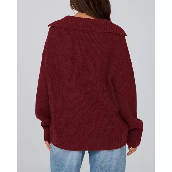 BTFBM Womens 2024 Fall Winter Sweaters Long Sleeve V Neck Lapel Collar Casual Pullover Oversized Knitted Jumper TopsWine Red