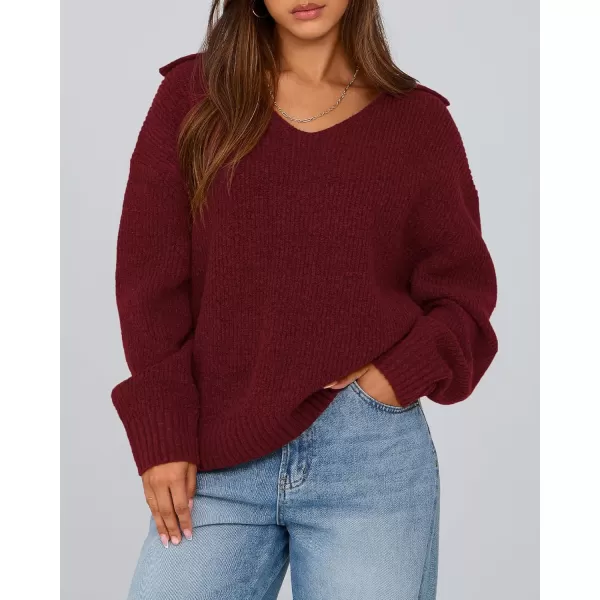 BTFBM Womens 2024 Fall Winter Sweaters Long Sleeve V Neck Lapel Collar Casual Pullover Oversized Knitted Jumper TopsWine Red