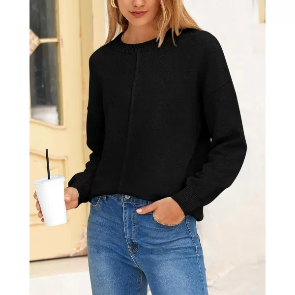 BTFBM Womens Loose Pullover Sweaters 2024 Fall Winter Clothes Crew Neck Slouchy Long Sleeve Casual Knitted TopsSolid Black