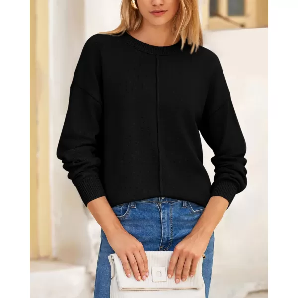 BTFBM Womens Loose Pullover Sweaters 2024 Fall Winter Clothes Crew Neck Slouchy Long Sleeve Casual Knitted TopsSolid Black