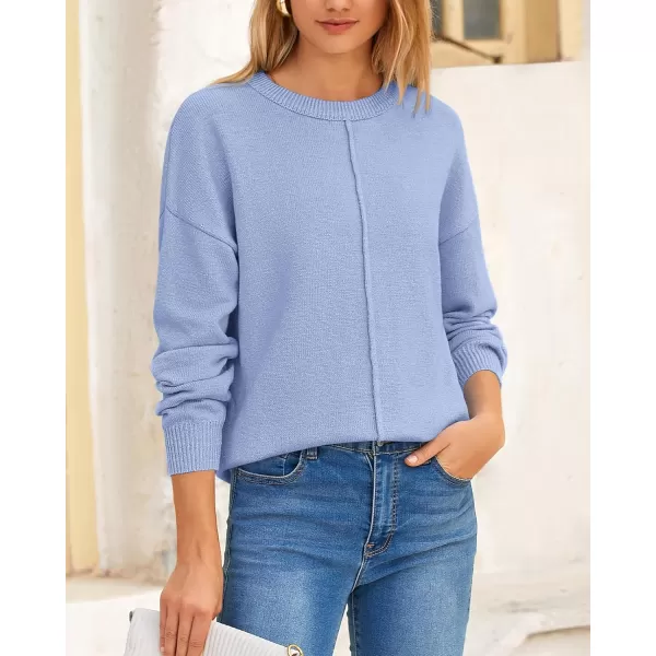 BTFBM Womens Loose Pullover Sweaters 2024 Fall Winter Clothes Crew Neck Slouchy Long Sleeve Casual Knitted TopsSolid Blue