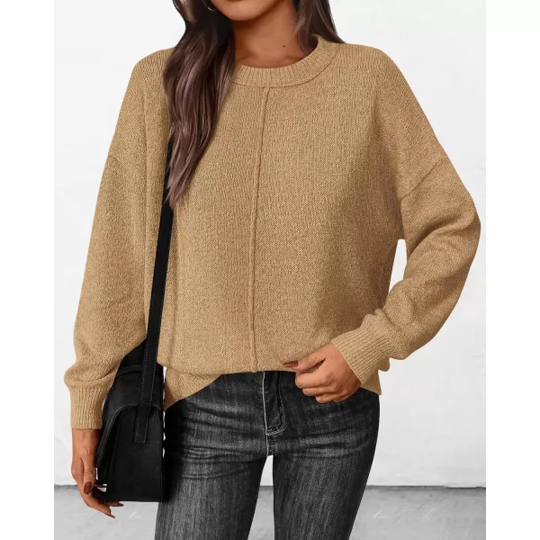 BTFBM Womens Loose Pullover Sweaters 2024 Fall Winter Clothes Crew Neck Slouchy Long Sleeve Casual Knitted TopsSolid Khaki