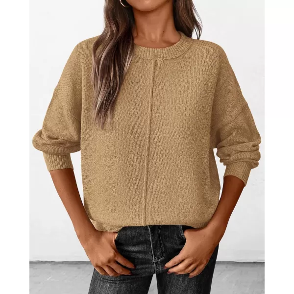 BTFBM Womens Loose Pullover Sweaters 2024 Fall Winter Clothes Crew Neck Slouchy Long Sleeve Casual Knitted TopsSolid Khaki