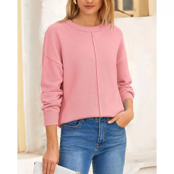 BTFBM Womens Loose Pullover Sweaters 2024 Fall Winter Clothes Crew Neck Slouchy Long Sleeve Casual Knitted TopsSolid Pink