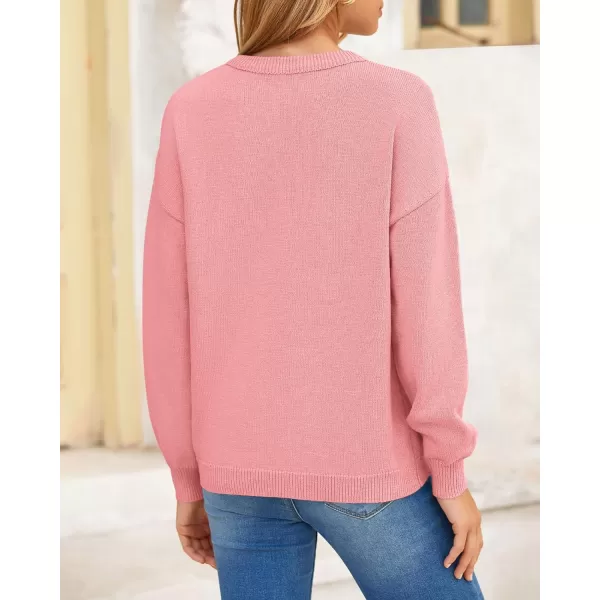 BTFBM Womens Loose Pullover Sweaters 2024 Fall Winter Clothes Crew Neck Slouchy Long Sleeve Casual Knitted TopsSolid Pink