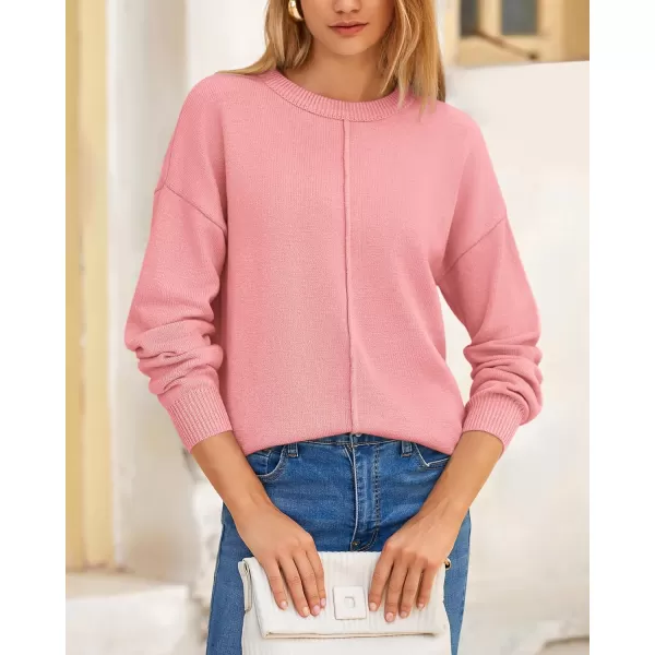 BTFBM Womens Loose Pullover Sweaters 2024 Fall Winter Clothes Crew Neck Slouchy Long Sleeve Casual Knitted TopsSolid Pink