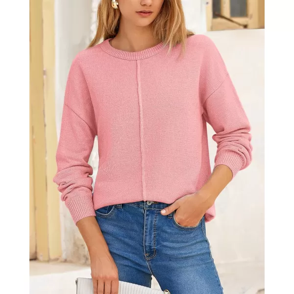 BTFBM Womens Loose Pullover Sweaters 2024 Fall Winter Clothes Crew Neck Slouchy Long Sleeve Casual Knitted TopsSolid Pink