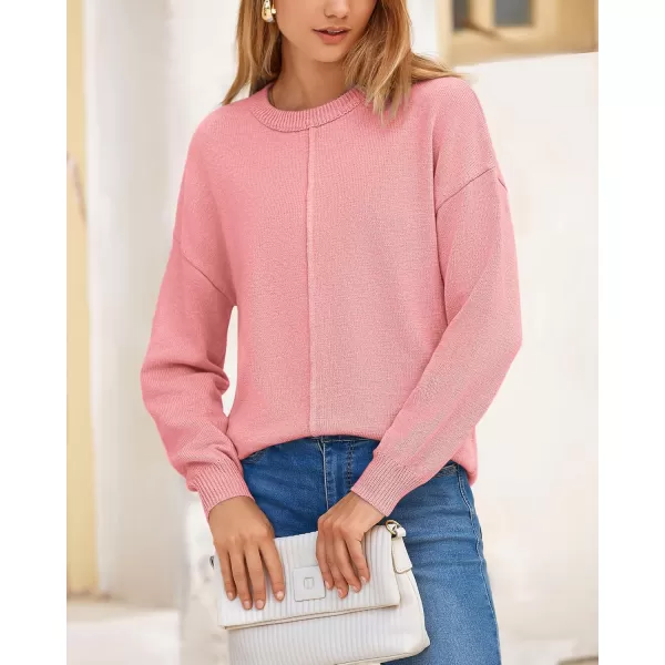 BTFBM Womens Loose Pullover Sweaters 2024 Fall Winter Clothes Crew Neck Slouchy Long Sleeve Casual Knitted TopsSolid Pink