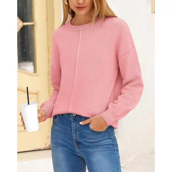 BTFBM Womens Loose Pullover Sweaters 2024 Fall Winter Clothes Crew Neck Slouchy Long Sleeve Casual Knitted TopsSolid Pink