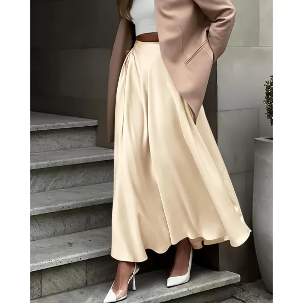 BTFBM Womens Satin High Waist Skirts 2024 Summer Fall Outfits Elegant Cocktail Party Flowy ALine Maxi SkirtSolid Beige