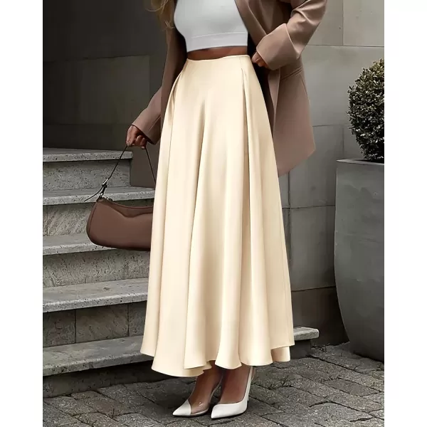 BTFBM Womens Satin High Waist Skirts 2024 Summer Fall Outfits Elegant Cocktail Party Flowy ALine Maxi SkirtSolid Beige