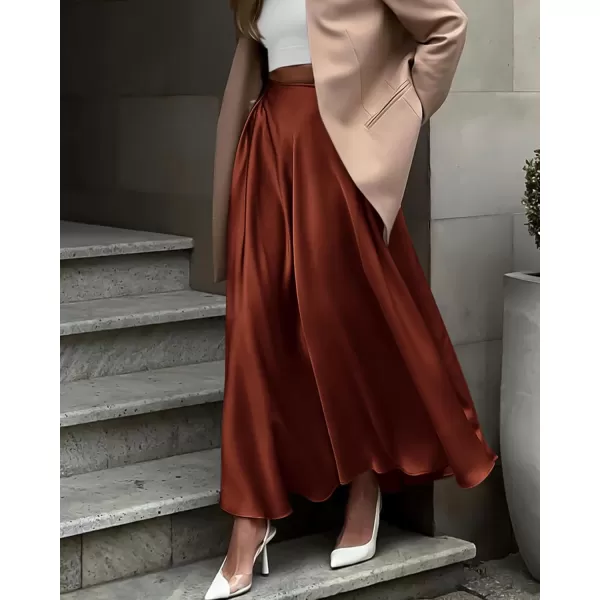 BTFBM Womens Satin High Waist Skirts 2024 Summer Fall Outfits Elegant Cocktail Party Flowy ALine Maxi SkirtSolid Brown
