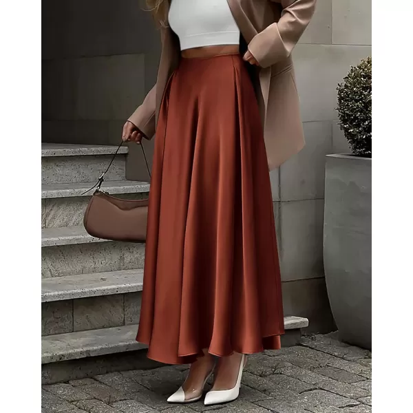 BTFBM Womens Satin High Waist Skirts 2024 Summer Fall Outfits Elegant Cocktail Party Flowy ALine Maxi SkirtSolid Brown
