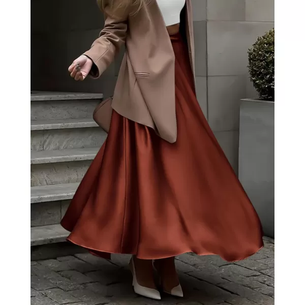 BTFBM Womens Satin High Waist Skirts 2024 Summer Fall Outfits Elegant Cocktail Party Flowy ALine Maxi SkirtSolid Brown
