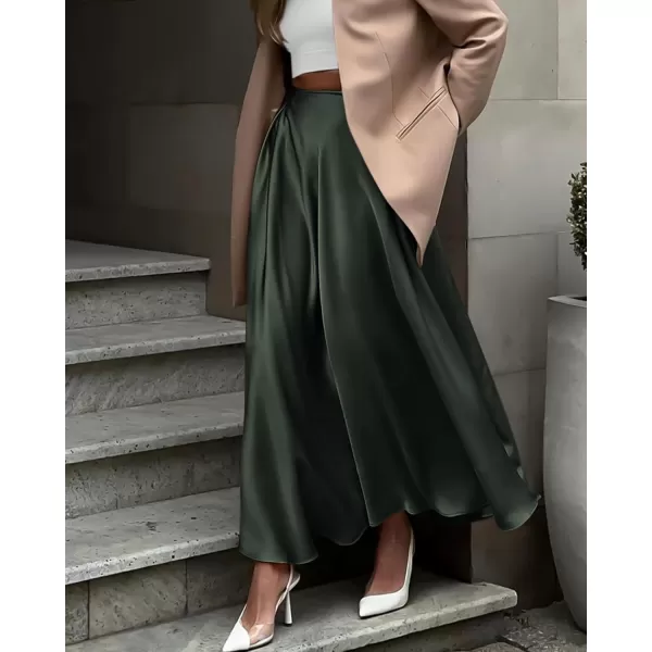 BTFBM Womens Satin High Waist Skirts 2024 Summer Fall Outfits Elegant Cocktail Party Flowy ALine Maxi SkirtSolid Dark Army Green