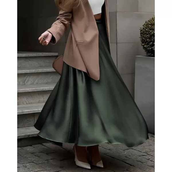 BTFBM Womens Satin High Waist Skirts 2024 Summer Fall Outfits Elegant Cocktail Party Flowy ALine Maxi SkirtSolid Dark Army Green