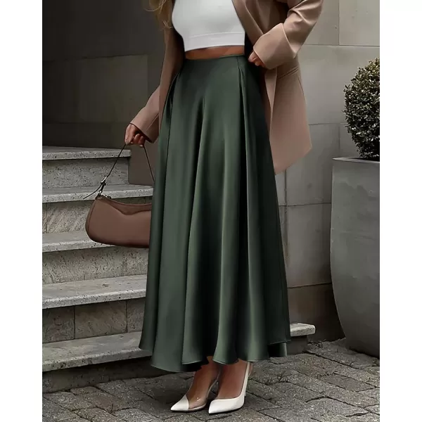 BTFBM Womens Satin High Waist Skirts 2024 Summer Fall Outfits Elegant Cocktail Party Flowy ALine Maxi SkirtSolid Dark Army Green