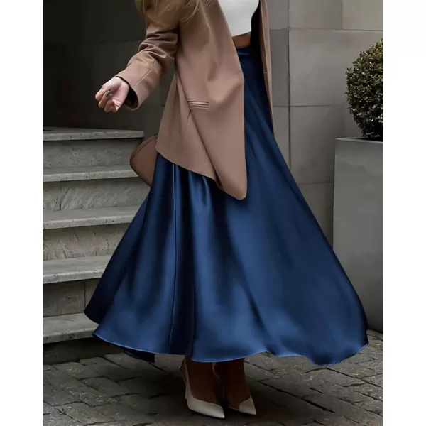 BTFBM Womens Satin High Waist Skirts 2024 Summer Fall Outfits Elegant Cocktail Party Flowy ALine Maxi SkirtSolid Navy
