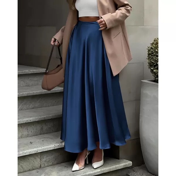 BTFBM Womens Satin High Waist Skirts 2024 Summer Fall Outfits Elegant Cocktail Party Flowy ALine Maxi SkirtSolid Navy