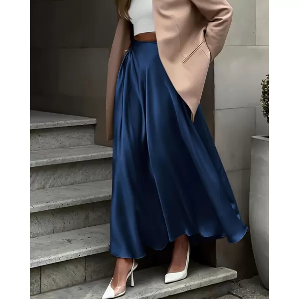 BTFBM Womens Satin High Waist Skirts 2024 Summer Fall Outfits Elegant Cocktail Party Flowy ALine Maxi SkirtSolid Navy