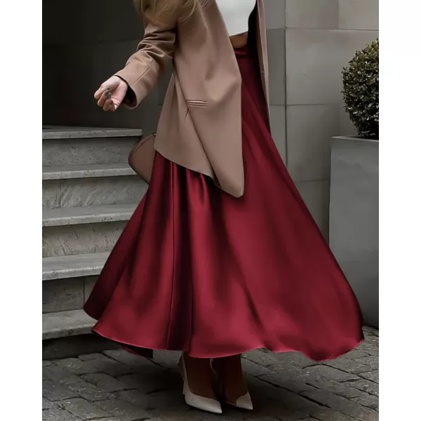 BTFBM Womens Satin High Waist Skirts 2024 Summer Fall Outfits Elegant Cocktail Party Flowy ALine Maxi SkirtSolid Wine Red