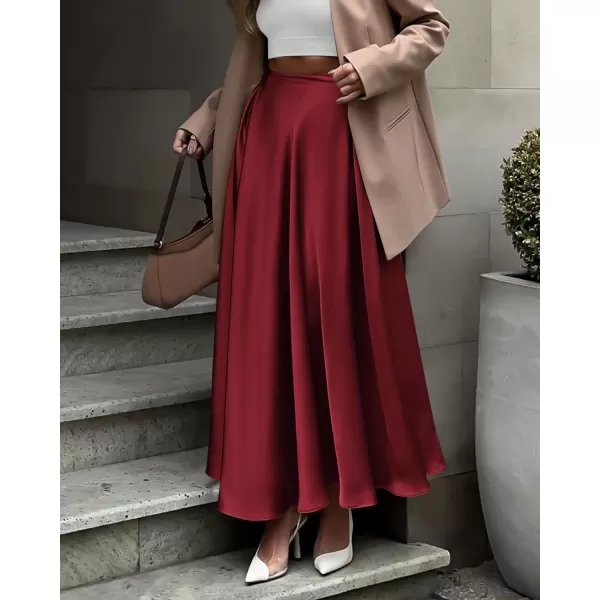 BTFBM Womens Satin High Waist Skirts 2024 Summer Fall Outfits Elegant Cocktail Party Flowy ALine Maxi SkirtSolid Wine Red