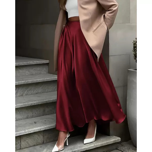 BTFBM Womens Satin High Waist Skirts 2024 Summer Fall Outfits Elegant Cocktail Party Flowy ALine Maxi SkirtSolid Wine Red