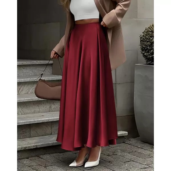 BTFBM Womens Satin High Waist Skirts 2024 Summer Fall Outfits Elegant Cocktail Party Flowy ALine Maxi SkirtSolid Wine Red