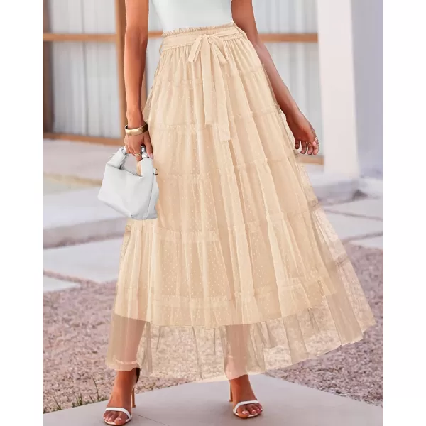 BTFBM Womens Skirts Party Cocktail 2024 Summer Fairy Skirt Elastic Waist Ruffle Tiered ALine Belt Tulle Maxi DressesSolid Beige