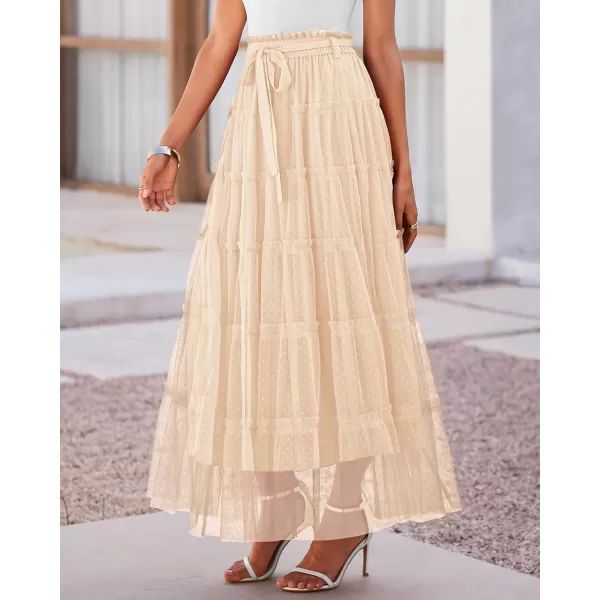 BTFBM Womens Skirts Party Cocktail 2024 Summer Fairy Skirt Elastic Waist Ruffle Tiered ALine Belt Tulle Maxi DressesSolid Beige