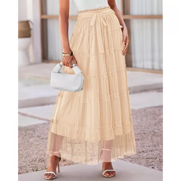 BTFBM Womens Skirts Party Cocktail 2024 Summer Fairy Skirt Elastic Waist Ruffle Tiered ALine Belt Tulle Maxi DressesSolid Beige