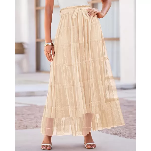 BTFBM Womens Skirts Party Cocktail 2024 Summer Fairy Skirt Elastic Waist Ruffle Tiered ALine Belt Tulle Maxi DressesSolid Beige