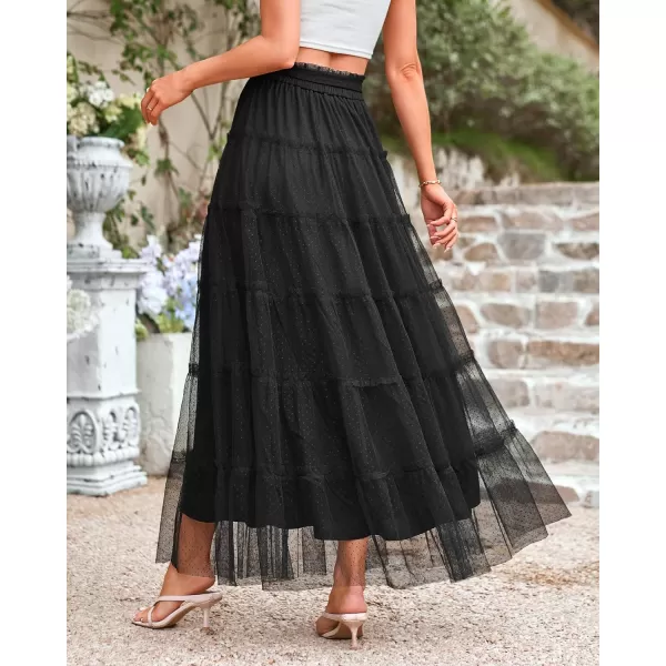 BTFBM Womens Skirts Party Cocktail 2024 Summer Fairy Skirt Elastic Waist Ruffle Tiered ALine Belt Tulle Maxi DressesSolid Black