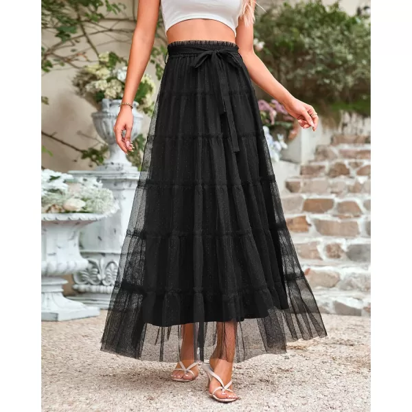 BTFBM Womens Skirts Party Cocktail 2024 Summer Fairy Skirt Elastic Waist Ruffle Tiered ALine Belt Tulle Maxi DressesSolid Black