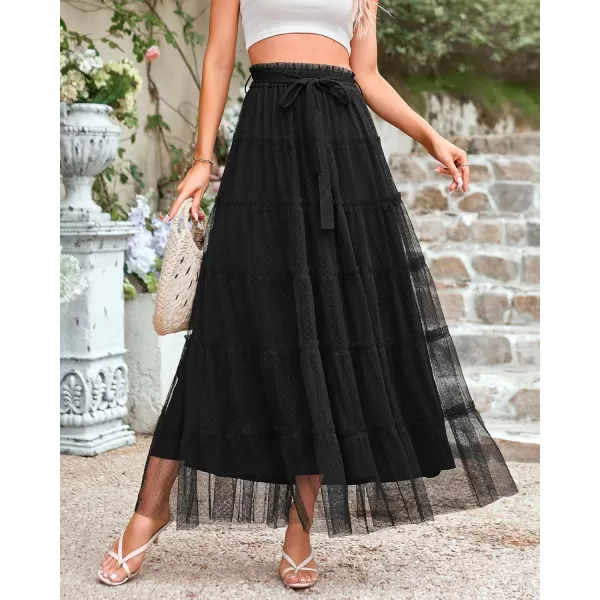 BTFBM Womens Skirts Party Cocktail 2024 Summer Fairy Skirt Elastic Waist Ruffle Tiered ALine Belt Tulle Maxi DressesSolid Black