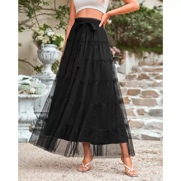 BTFBM Womens Skirts Party Cocktail 2024 Summer Fairy Skirt Elastic Waist Ruffle Tiered ALine Belt Tulle Maxi DressesSolid Black