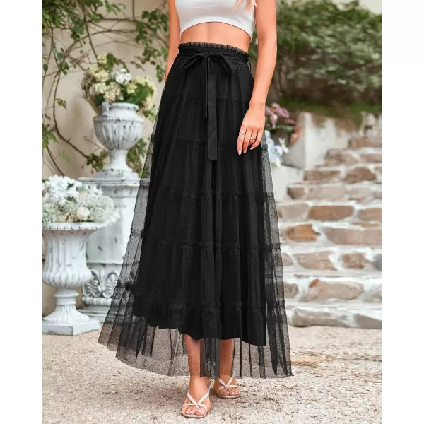 BTFBM Womens Skirts Party Cocktail 2024 Summer Fairy Skirt Elastic Waist Ruffle Tiered ALine Belt Tulle Maxi DressesSolid Black