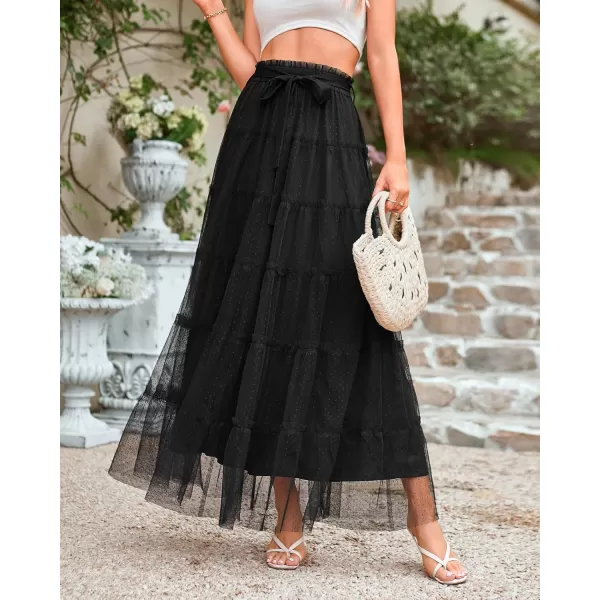 BTFBM Womens Skirts Party Cocktail 2024 Summer Fairy Skirt Elastic Waist Ruffle Tiered ALine Belt Tulle Maxi DressesSolid Black